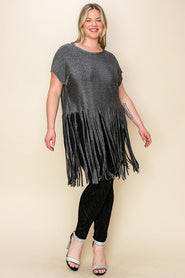 86 SSS {Definite Icon} VOCAL Silver Glittery Top w/ Fringe Hem