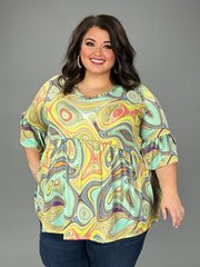 99 PQ {Thrill Me} Olive/Lime/Orange Swirl Print Babydoll Top EXTENDED PLUS SIZE 3X 4X 5X