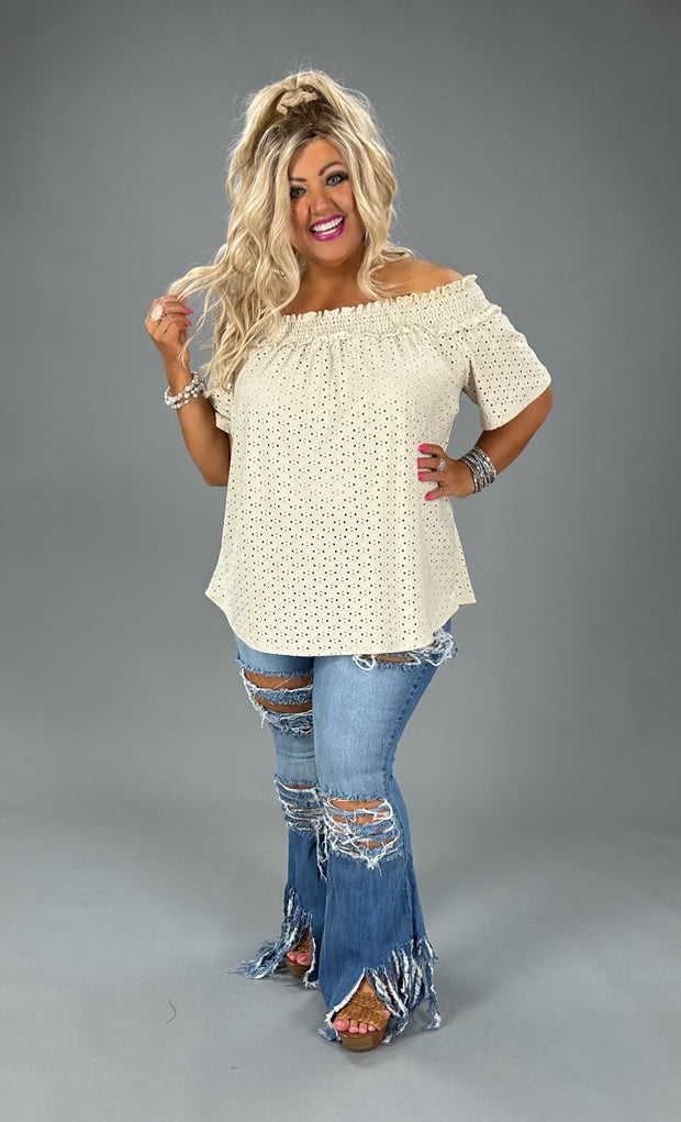 SALE!! 78 OS-A {Such A Sweetie} Taupe Eyelet Off Shoulder Top PLUS SIZE 1X 2X 3X