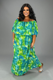 SALE!! LD-B {Waiting On Love} Green/Blue Leaf Print Maxi Dress PLUS SIZE 1X 2X 3X