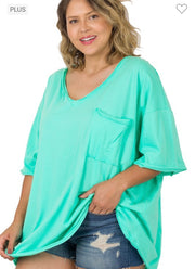 27 SSS  {Happy As Can Be} Mint V-Neck Top w/Pockets PLUS SIZE 1X 2X 3X