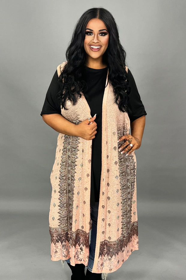 26 OT {Oh So Lovely} VOCAL Peach Lace Long Vest w/Studs PLUS SIZE XL 2X 3X