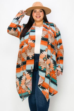 52 OT {El Paso Evenings} Orange & Blue Aztec Print Cardigan