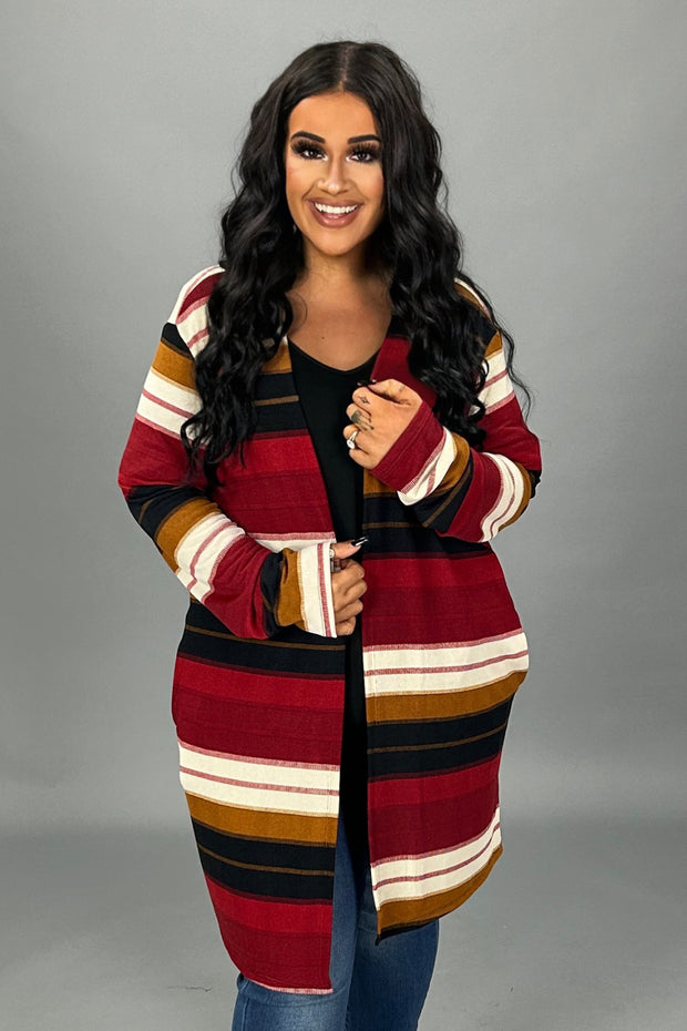 37 OT {Lost My Mind} Dark Red/Camel Striped Cardigan PLUS SIZE XL 2X 3X