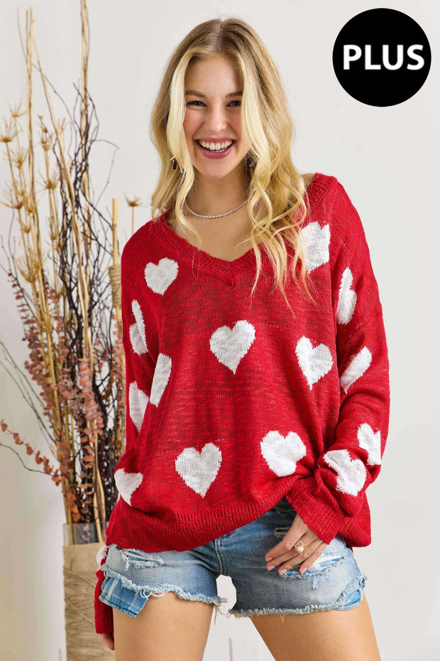 SALE!! 26 GT {Heart Filled With Love} Red V-Neck Sweater w/Hearts PLUS SIZE 1X 2X 3X