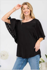 54 SD {Not So Subtle} Black Eyelet Bat Wing Sleeve Top PLUS SIZE 1X 2X 3X