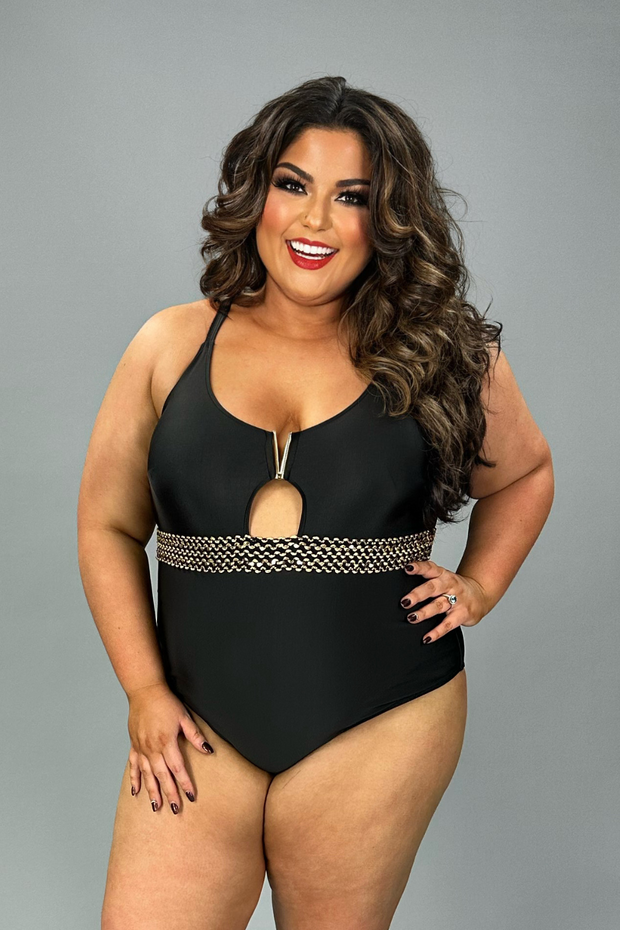 SWIM-K {Exact Moment} Black/Gold One Piece Swimsuit PLUS SIZE 3X