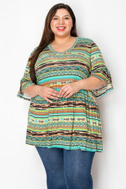 23 PSS {The It Girl} Tan/Mint Tribal Print Babydoll Top PLUS SIZE 1X 2X 3X 5X