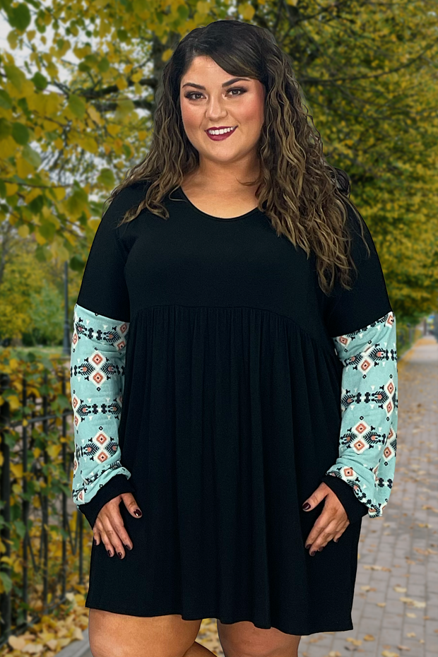 SALE!! 12 CP-C {Just Admit It} Black With Blue Tribal Printed Sleeve Tunic  PLUS SIZE XL 2X 3X