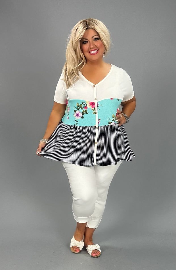 36 CP {So Hopeful} Aqua Floral Stripe Print Top PLUS SIZE 1X 2X 3X