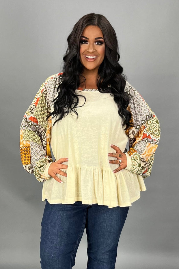 32 CP {Back To Work} Cream Top w/ Fall Mixed Print Sleeve PLUS SIZE XL 1X 2X