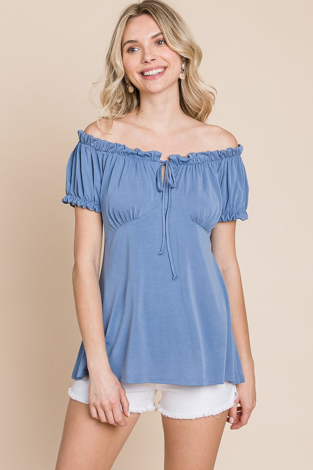 59 OS {Country Chic} Dusty Blue Off Shoulder Top PLUS SIZE 1X 2X 3X