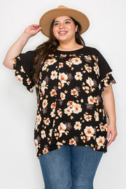 33 CP {Night Of Full Bloom} Black Floral Ruffle Sleeve Tunic EXTENDED PLUS SIZE 3X 4X 5X (True to Size)