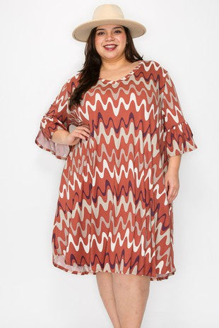 31 PQ {Love Boldly}Rust Wavelength Print V-Neck Dress EXTENDED PLUS SIZE 4X 5X 6X