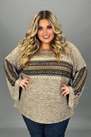 28 CP {Pay Your Dues} Heather Taupe Print Stripe Top PLUS SIZE XL 1X 2X