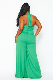 LD-Y {Resort Queen} Green Off Shoulder Wide Leg Jumpsuit PLUS SIZE 1X 2X 3X