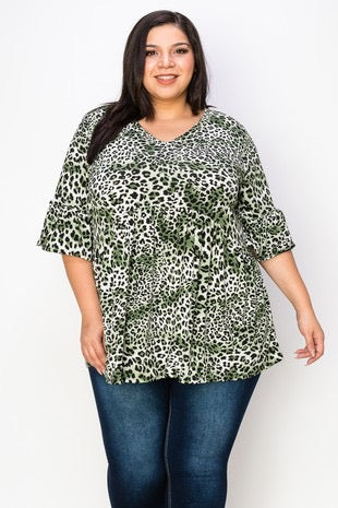 SALE!! 65 PSS {No Time To Waste} Green Leopard Print Babydoll Top EXTENDED PLUS SIZE 3X 4X 5X