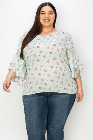 12 PQ {Mint Condition} Mint Floral V-Neck Top PLUS SIZE 1X 2X 3X