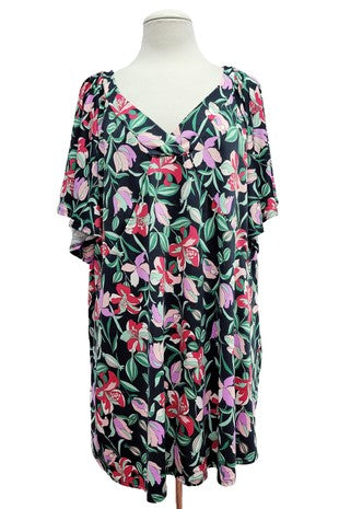 43 PSS {Love Without End} Black Floral V-Neck Top  EXTENDED PLUS SIZE 1X 2X 3X 4X 5X 6X