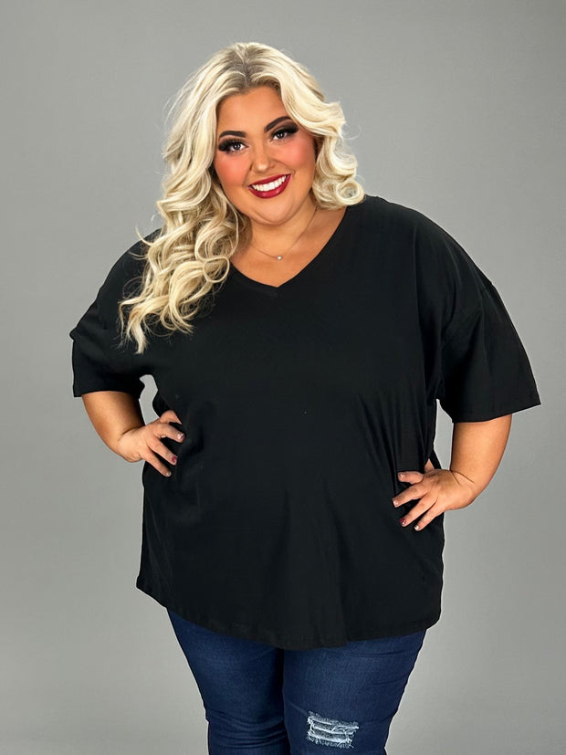 46 SSS-H {Charm Me} Black Oversized V-Neck Top  PLUS SIZE 1X 2X 3X