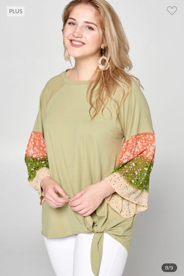 SALE!! 60 CP-Z {Charming Attitude} Sage Top w/Floral Sleeve PLUS SIZE 1X 2X 3X