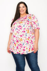 75 PSS {Floral Breakout} Pink Floral Rounded Hem Top PLUS SIZE XL 2X 3X