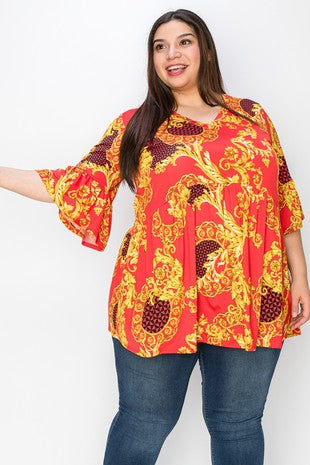 80 PSS {Best In Bold} Red/Gold Print Babydoll Tunic EXTENDED PLUS SIZE 3X 4X 5X