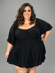 SALE!! 99 RP-A {On A Journey} Black Smocked Romper w/Belt CURVY BRAND!!!  EXTENDED PLUS SIZE 2X 3X 4X 5X