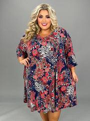 SALE!! 52 PQ {When Floral Met Paisley} Navy/Red Floral Paisley Print Dress EXTENDED PLUS SIZE 4X 5X 6X