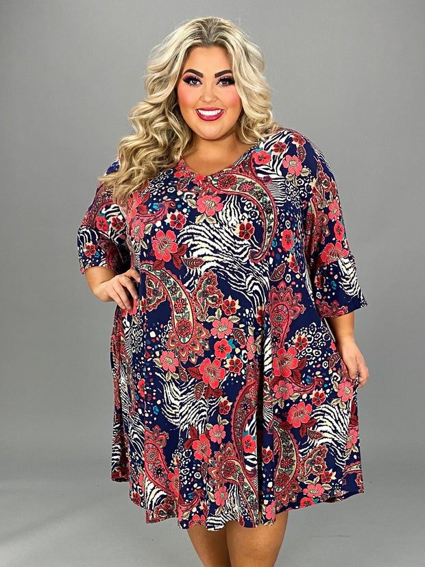 SALE!! 52 PQ {When Floral Met Paisley} Navy/Red Floral Paisley Print Dress EXTENDED PLUS SIZE 4X 5X 6X