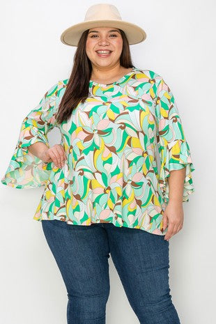 25 PQ {Sweet Bliss} Green/Multi-Color V-Neck Top EXTENDED PLUS SIZE XL 2X 3X 4X 5X 6X