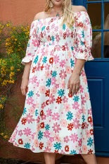 LD-Q {Win Win Situation} Ivory Floral Smocked Midi Dress PLUS SIZE 3X