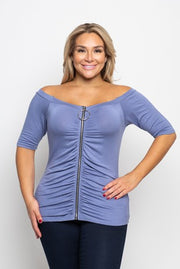 SALE!! 42 OS {What About You} Blue Zip Front Off Shoulder Top PLUS SIZE 1X 2X 3X