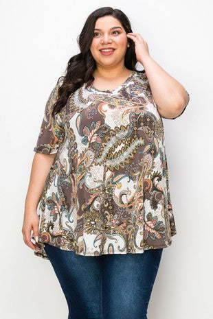 21 PSS {To Tell The Truth} Chocolate Brown Paisley V-Neck Top EXTENDED PLUS SIZE 3X 4X 5X