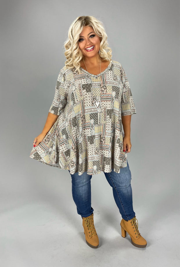 47 PSS {Cappuccino Shops} Taupe Patchwork V-Neck Top EXTENDED PLUS SIZE 3X 4X 5X