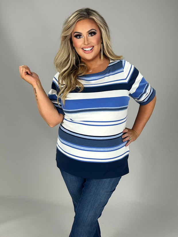 PSS-A  M-109 {Karen Scott} Blue Striped Top Retail $36.50  PLUS SIZE 0X 1X