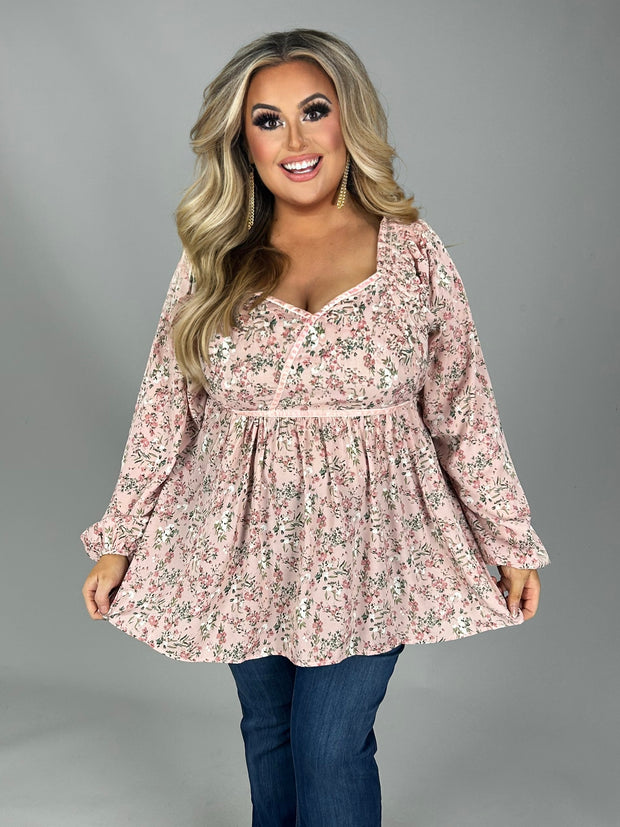 83 PLS-Z {Growing Fonder} Umgee Blush Floral  Babydoll Top  PLUS SIZE XL 1X 2X