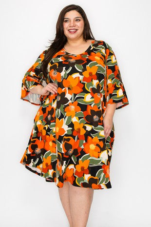 27 PQ {Sweet Stitches} Orange Floral V-Neck Dress EXTENDED PLUS SIZE 4X 5X 6X