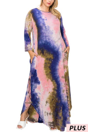 LD-V {Aspen Outing} Blue/Mauve/Olive Tie Dye Maxi Dress PLUS SIZE 1X 2X 3X