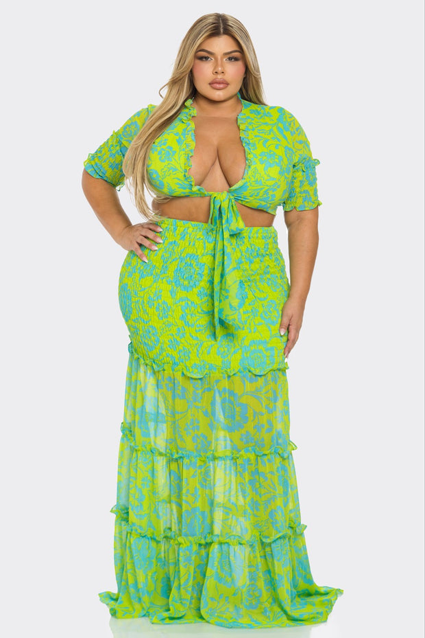 LD-O {Selfie Moment} Blue/Green Floral Smocked Skirt Set PLUS SIZE 1X 2X 3X