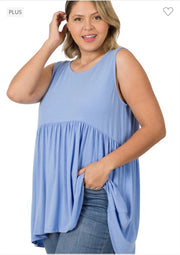 75 SV {Never Better} Spring Blue Sleeveless Babydoll Top PLUS SIZE 1X 2X 3X