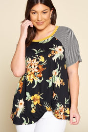 88 CP {Open Your Heart} Black Floral Stripe Print Top PLUS SIZE 1X 2X 3X