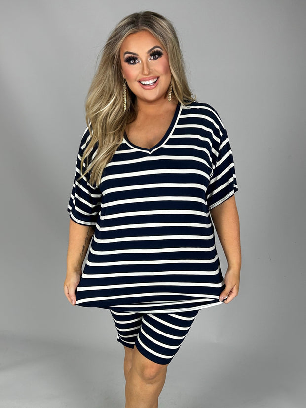 36 SET-G {Final Countdown} Navy Striped Short Set PLUS SIZE 1X 2X 3X 4X 5X