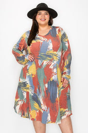 25 PLS {Cutting Ties} Rust/Multi-Color Brush Stroke Print Dress EXTENDED PLUS SIZE 4X 5X 6X