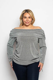 44 OS {Charming Twist} Silver Off Shoulder Ruched Top PLUS SIZE XL 2X 3X