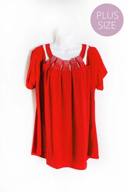 95 OS {Posh Dreams} Red Cold Shoulder Top w/Silver Studs PLUS SIZE 1X 2X 3X