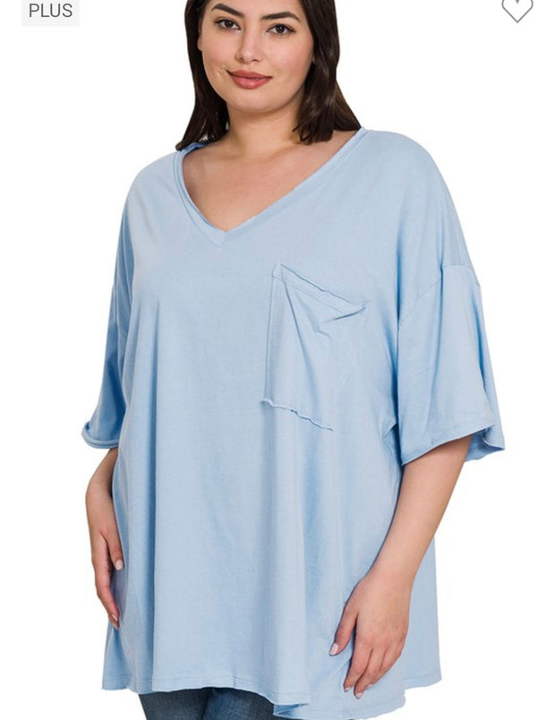 27 SSS {Happy As Can Be} Spring Blue V-Neck Top w/Pocket PLUS SIZE 1X 2X 3X