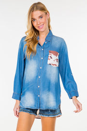 98 CP {This Is My Time} Med. Chambray Cow Print Top PLUS SIZE 1X 2X 3X