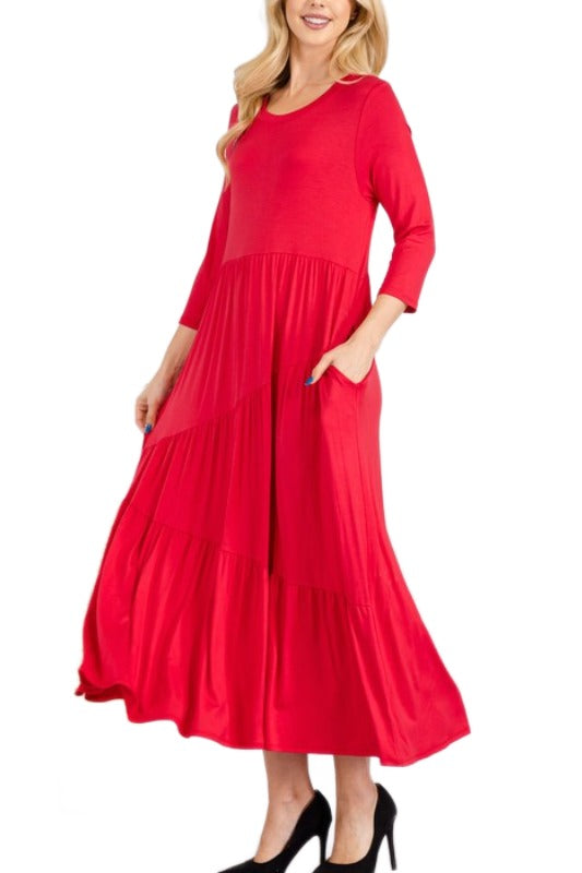 LD-A  {Always Appropriate} Red Tiered Midi Dress PLUS SIZE 1X 2X 3X