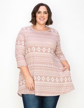 SALE!! 18 PQ {No Nonsense} Mauve Mixed Print 3/4 Sleeve Top PLUS SIZE XL 2X 3X